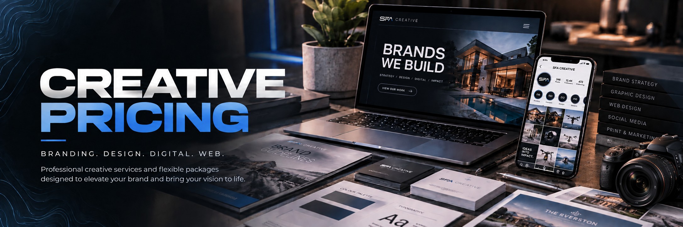 Creative pricing — Branding. Design. Digital. Web. Creative studio with a laptop, phone and printed brand materials.