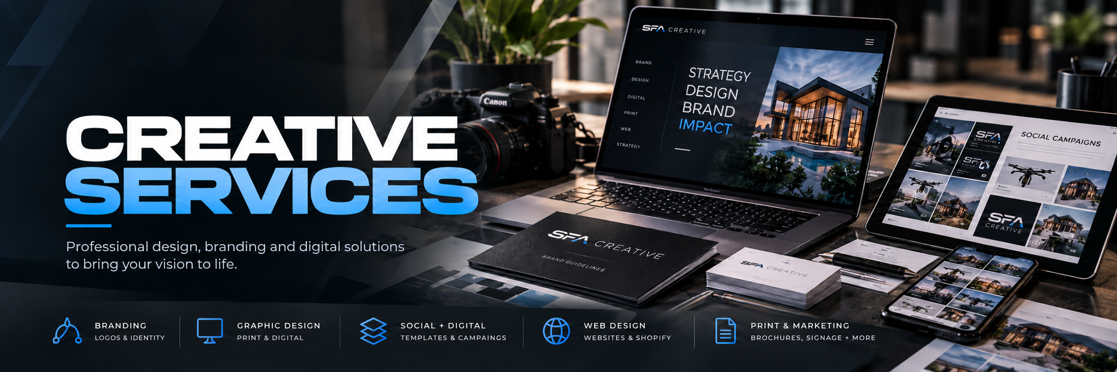 Creative Services — Professional design, branding and digital solutions to bring your vision to life. Branding, graphic design, social and digital, web design, print and marketing.