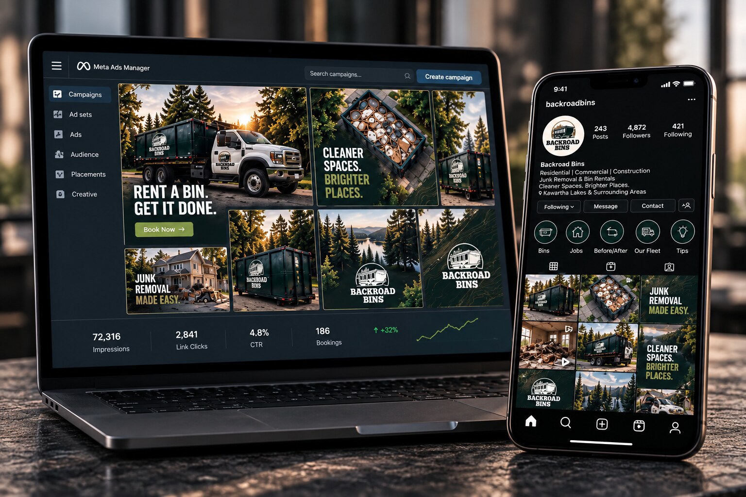 Backroad Bins social media campaign displayed on a laptop and phone