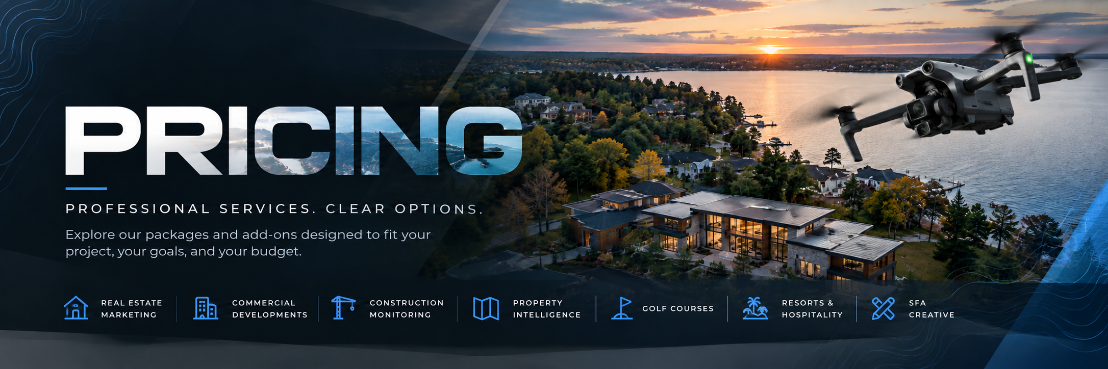 Scene From Above pricing banner with aerial waterfront photography and services for real estate, commercial developments, construction monitoring, property intelligence, golf courses, resorts and hospitality, and SFA Creative.